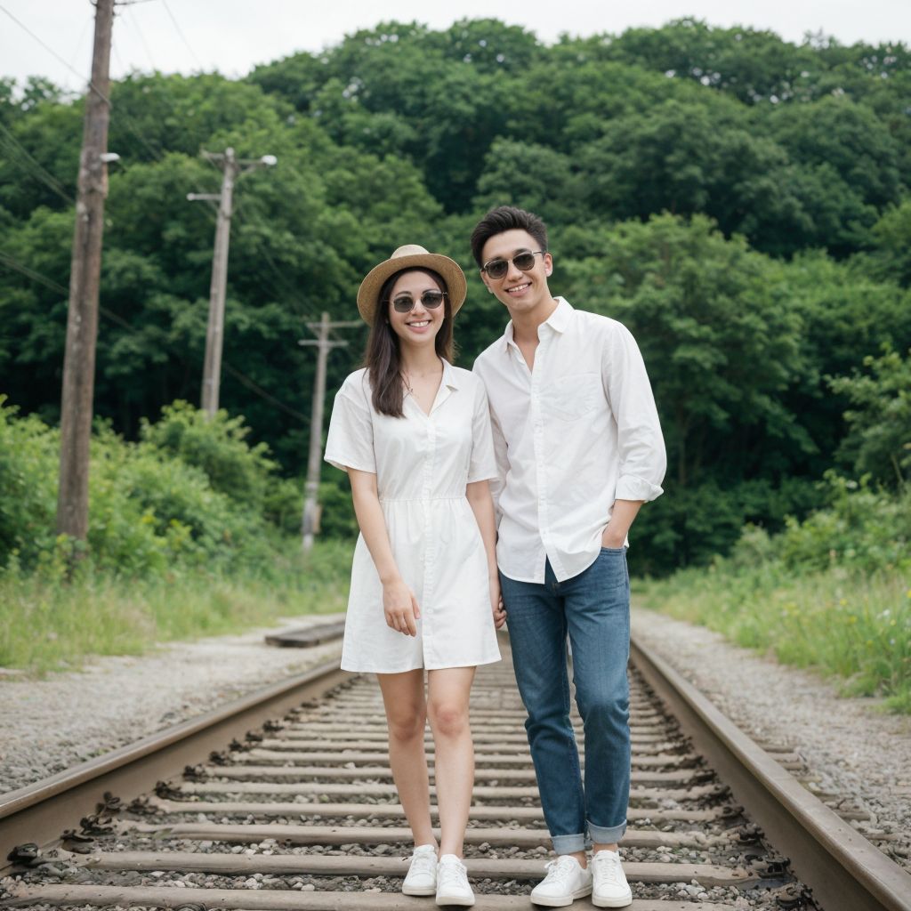 線路の上に立つカップル。白いドレスと白いシャツを着て、緑豊かな自然に囲まれている。